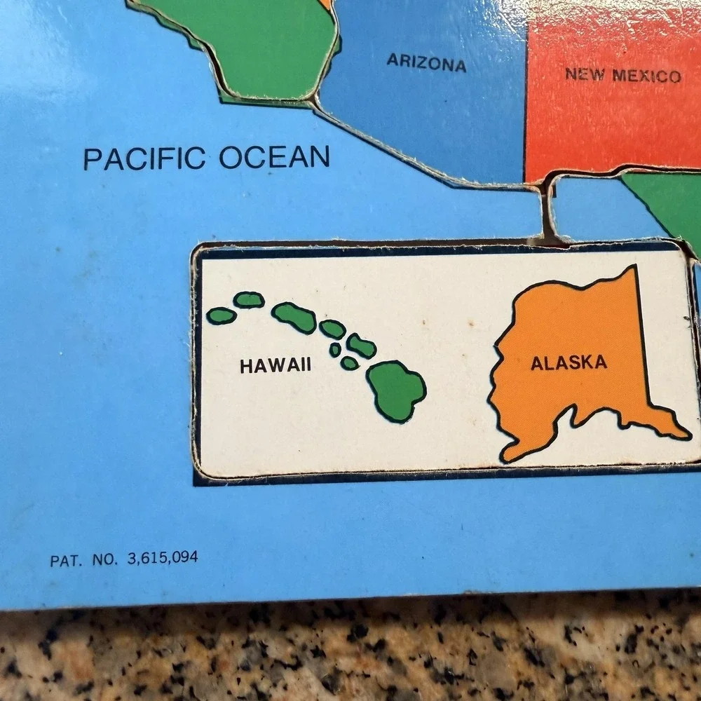 Vintage 1971 Connor Toy United States Map Wood Tray Puzzle 14 Piece Multicolor